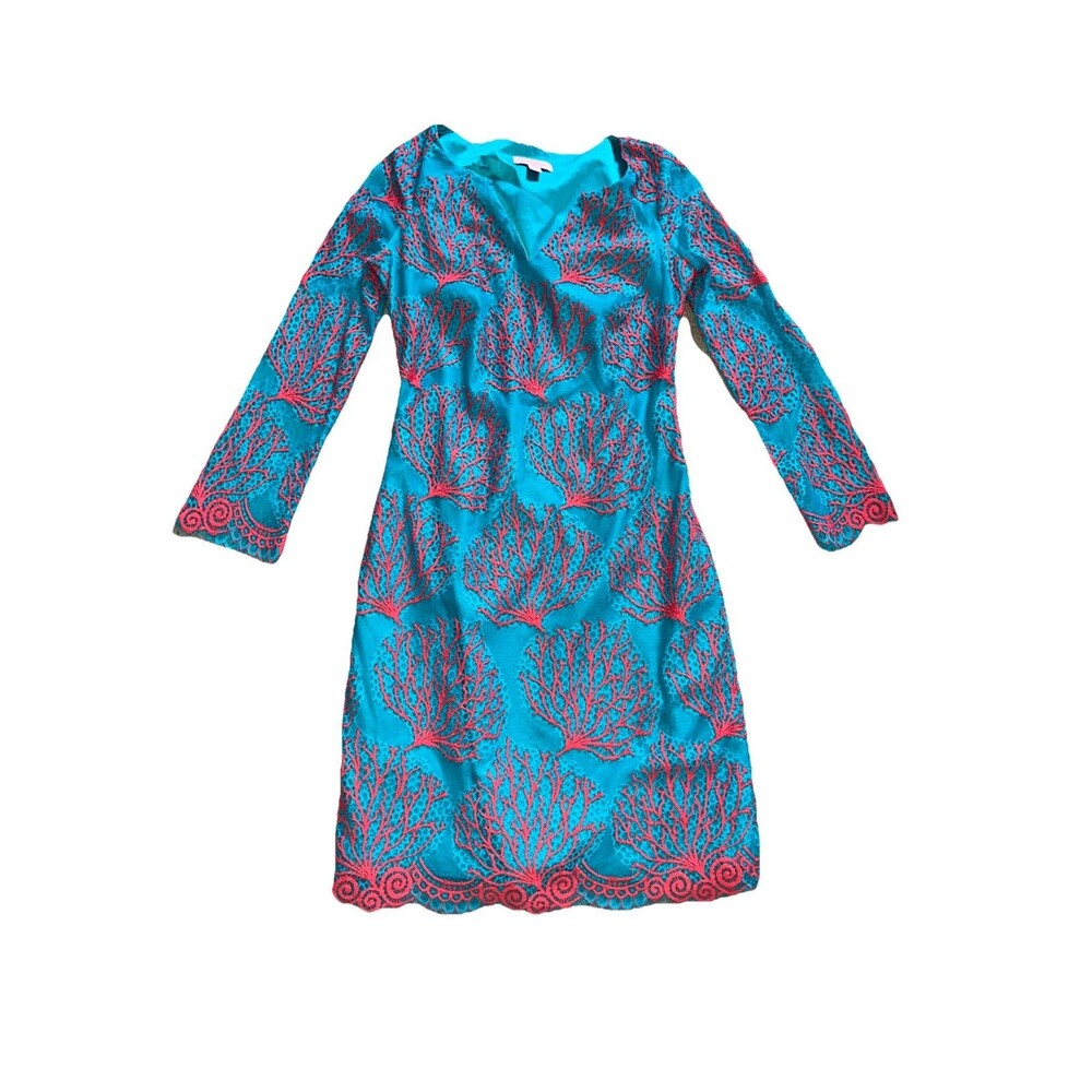 Lilly Pulitzer wendy dress size 0 split V-neck blue coral mesh lace Beach Preppy